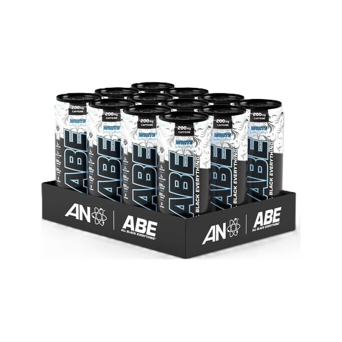 ABE Energy + Performance-dryckesburkar, vita med blå text, 12-pack.