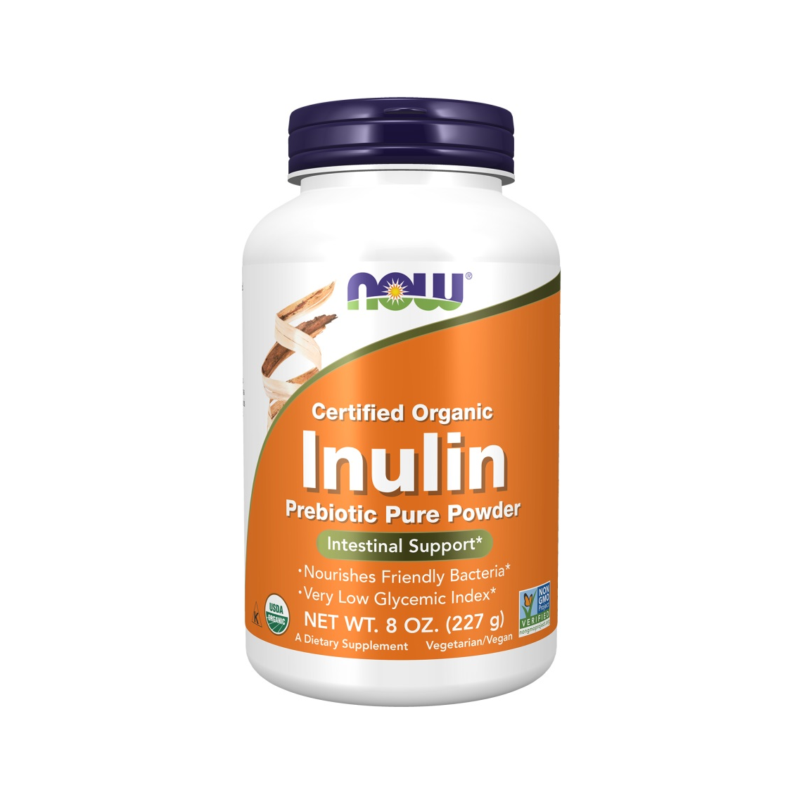 NOW Foods inulinpulver i burk med lock, orange och vit etikett