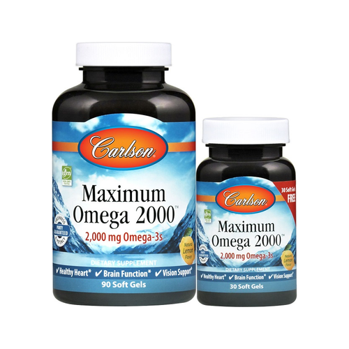 Carlson Omega 2000-kapslar: två svarta burkar med vita lock och blå etikett
