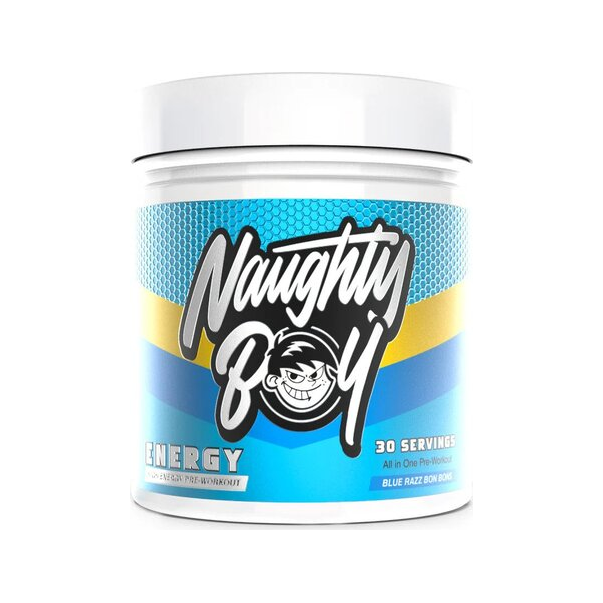 Energipreworkout i burk med blå etikett, Blue Razz Bon Bons