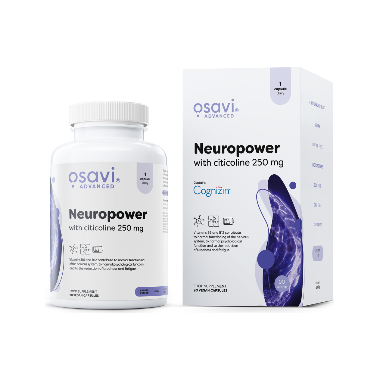 Neuropower kosttillskott med citicolin 250 mg, burk och kartong (90 kapslar)
