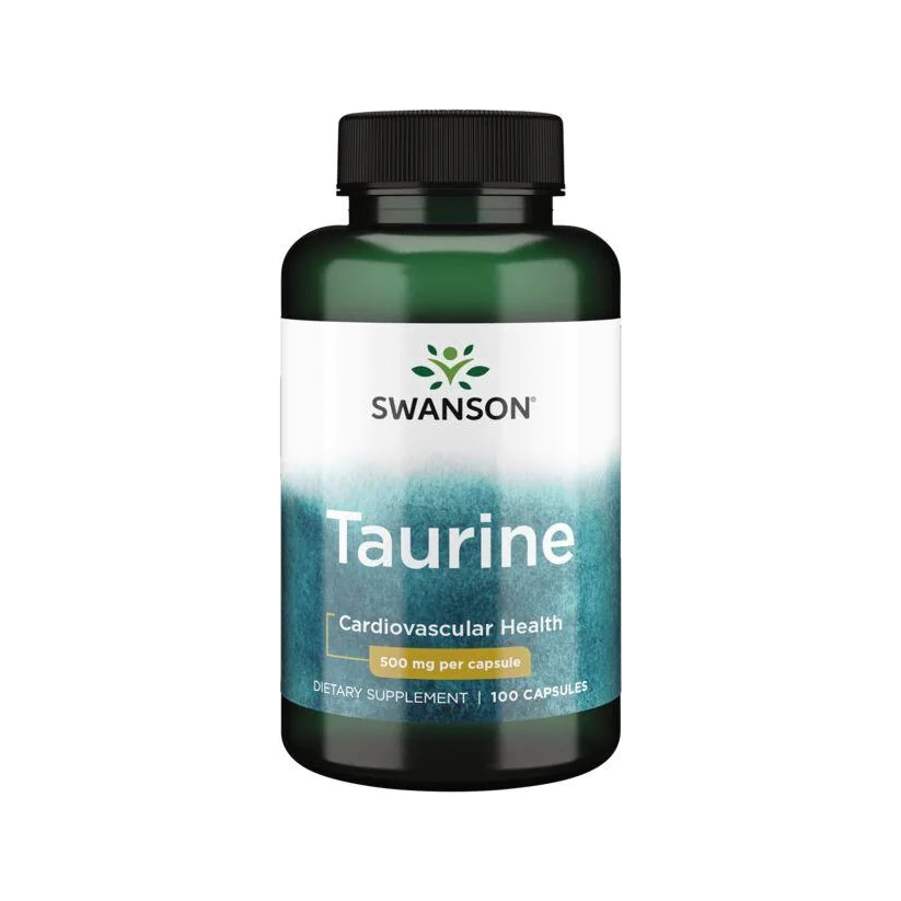 Swanson Taurine kapseltillskott i grön flaska med svart lock