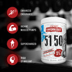 Kosttillskottburk med vit etikett och "PRE WORKOUT"-text samt 5%