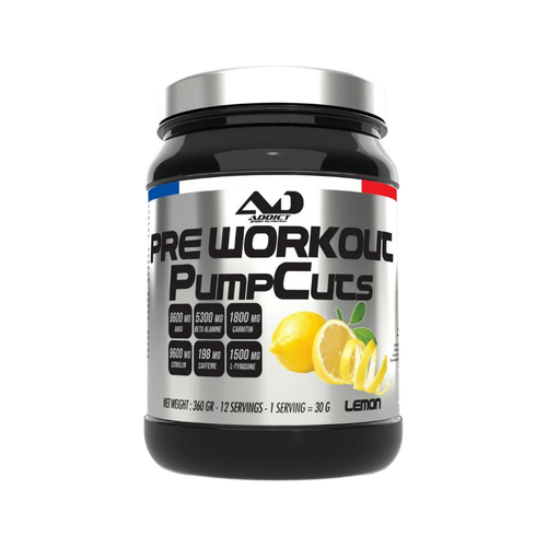 Träningspre-workout-pumpcuts, burk med svart/vit etikett, Lemon-smak