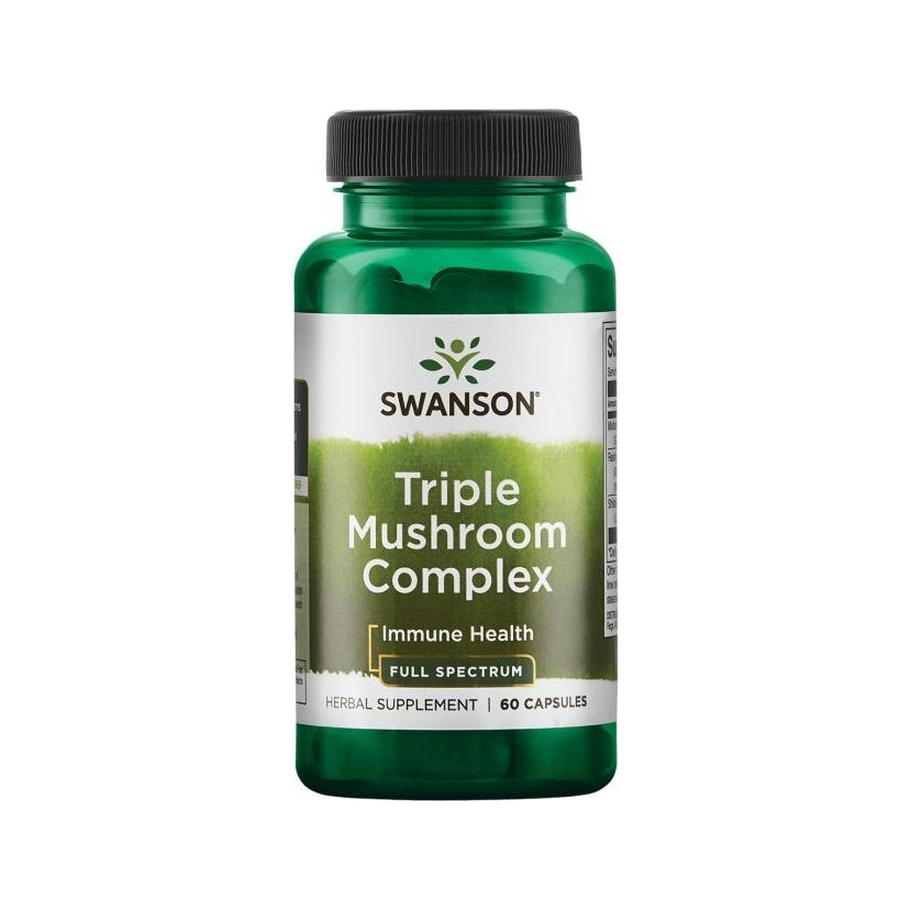 Swanson Triple Mushroom Complex kapseltillskott i grön flaska med svart lock