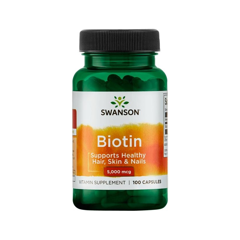 Biotintillskott i grön plastflaska med svart lock, 5000 mcg, 100 kapslar