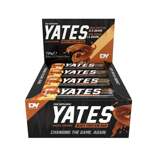 Proteinbars låda med staplade barer, Yates saltad chokladkola