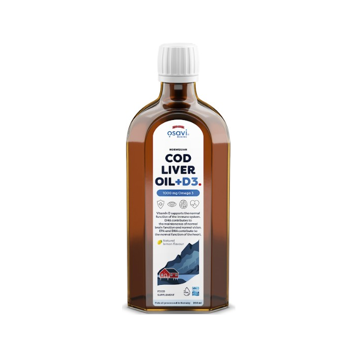 Osavi omega-3 tillskott i bärnstensflaska med skruvlock, Cod Liver Oil + D3