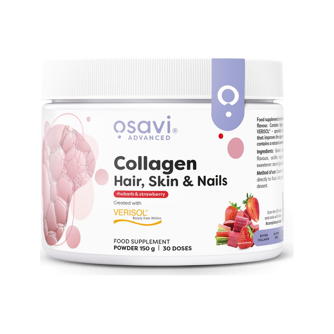 Osavi kollagenpeptider i burk 150 g med smak av rabarber och jordgubbe