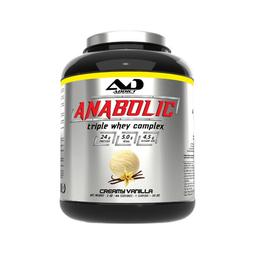 Whey-protein i burk med vaniljkrämssmak, svart lock och grå etikett.