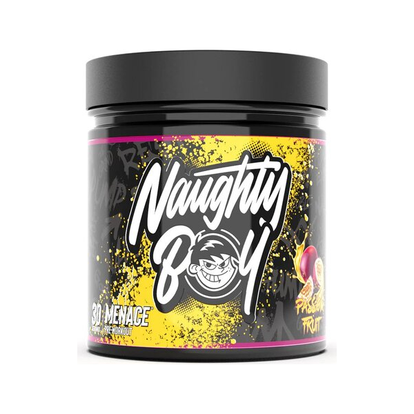 Naughty Boy Menace vitamintillskott i burk med gul etikett, svart lock, 420 g