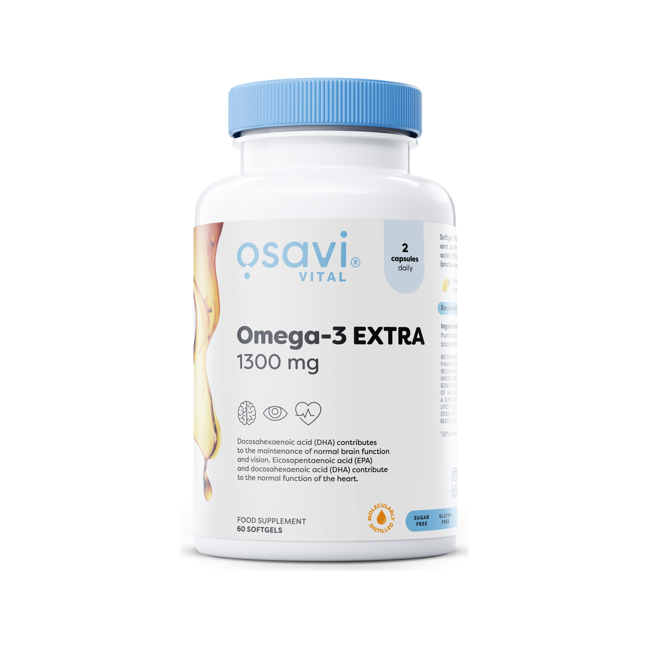 Omega-3-tillskott i vit burk med blå skruvkork, etikett 1300 mg