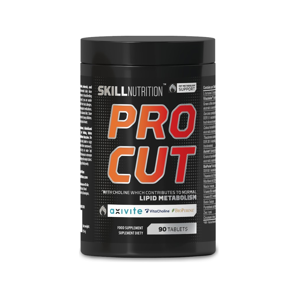 Skill Nutrition Pro Cut tablettburk, 90 tabletter, svart burk med etikett