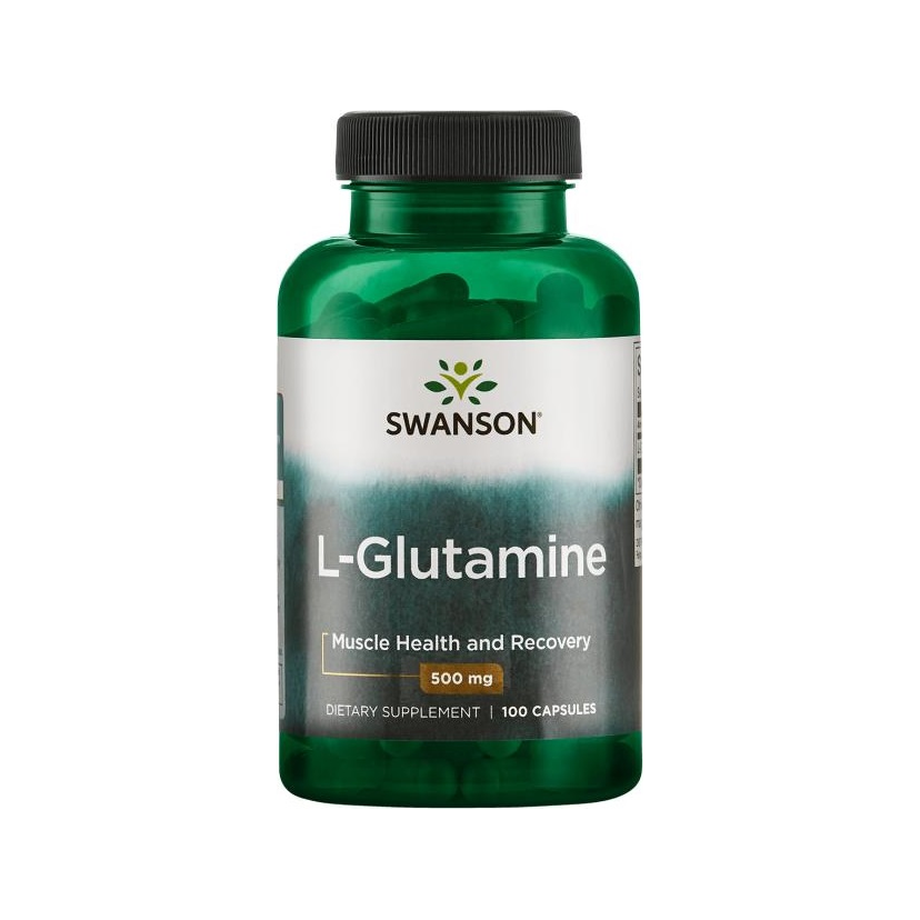 SWANSON L-Glutamin kapseltillskott i grön flaska med lock, 500 mg, 100 kapslar