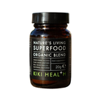 Superfood-tillskott i mörk glasburk med etikett och skruvlock, 20 g