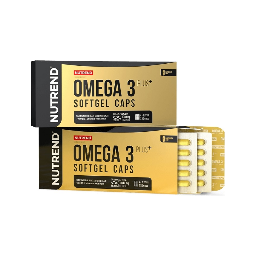 Kapseltillskott Nutrend Omega 3 Plus+ mjukgel i kartonger och kapselblister