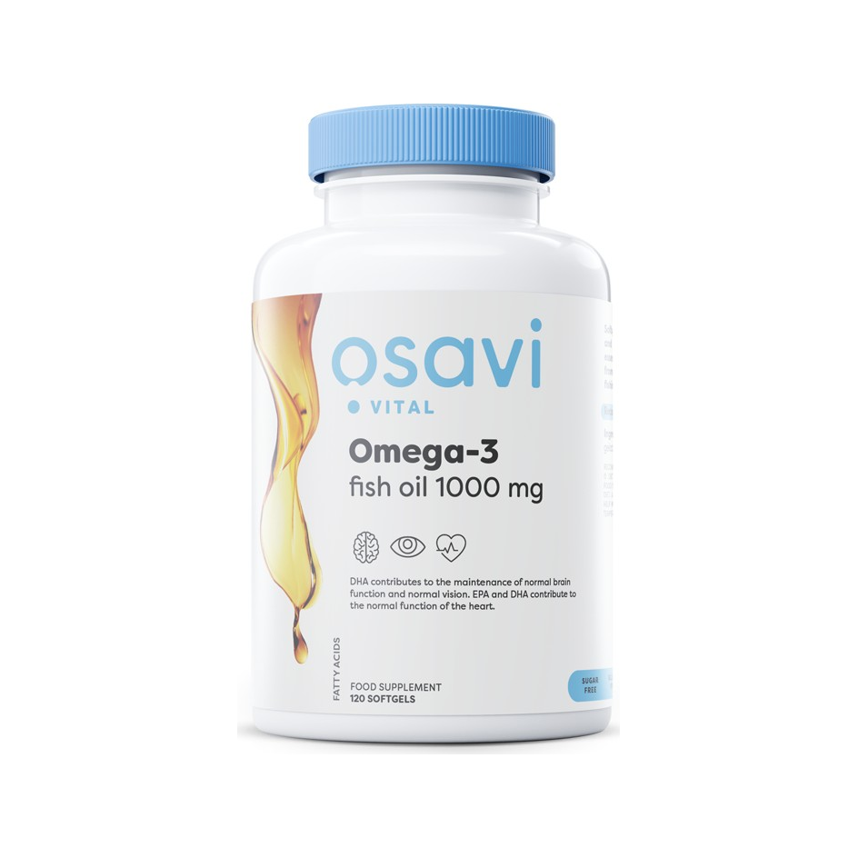 Osavi Omega-3 fiskoljekapslar i vit burk med blå skruvlock
