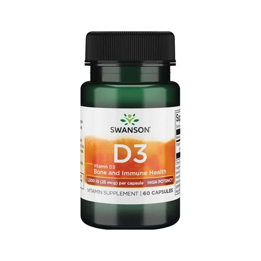 Swanson D3 vitamintillskott i kapselflaska, svart lock