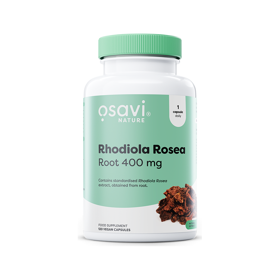 Osavi Rhodiola Rosea rot 400 mg kapslar, vit flaska med grön etikett och lock