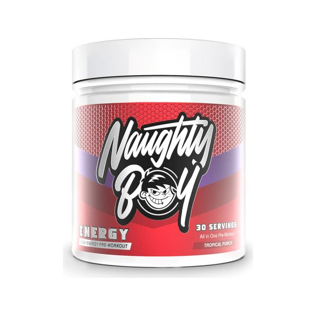 Energipreworkout i burk med röd-lila etikett, Tropical Punch