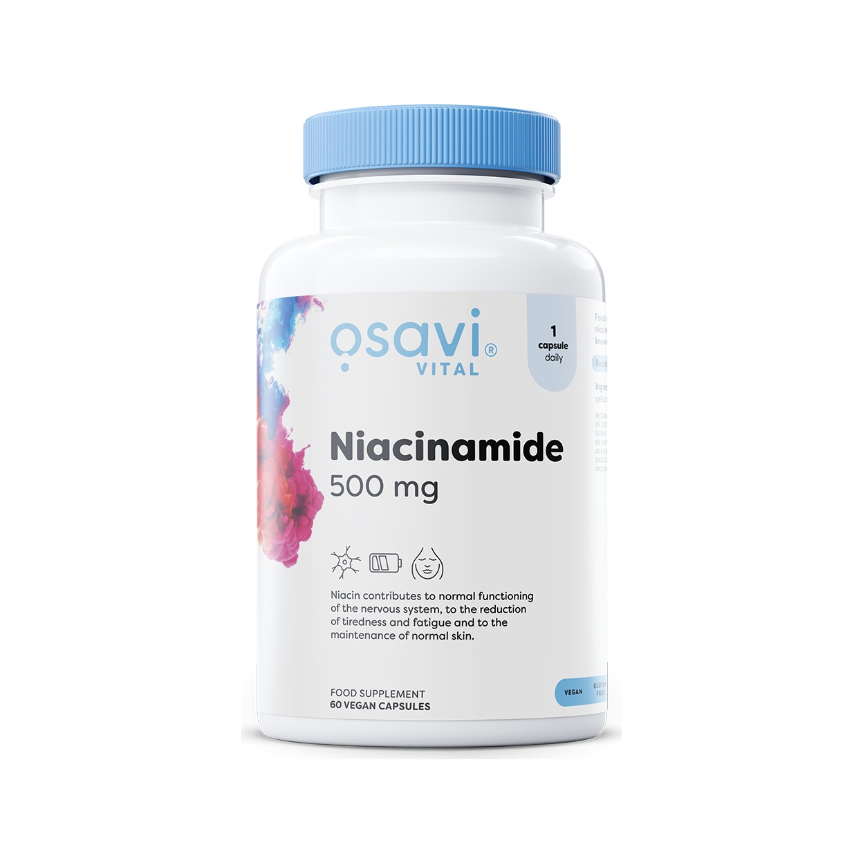 Niacinamid 500 mg kosttillskott i kapselflaska med blå lock