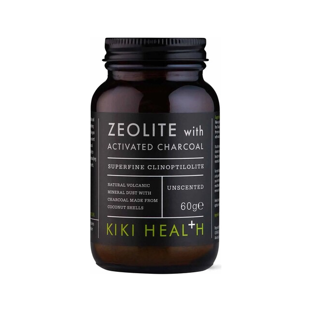 KIKI Health zeolitpulver i brun burk med svart lock och vit/svart etikett.