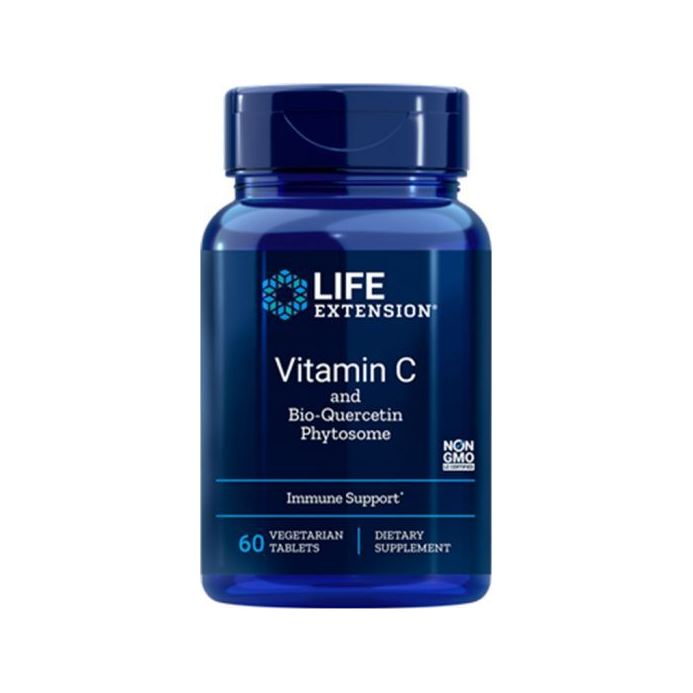 Life Extension Vitamin C och bio-quercetin fytoosome i blå tablettburk