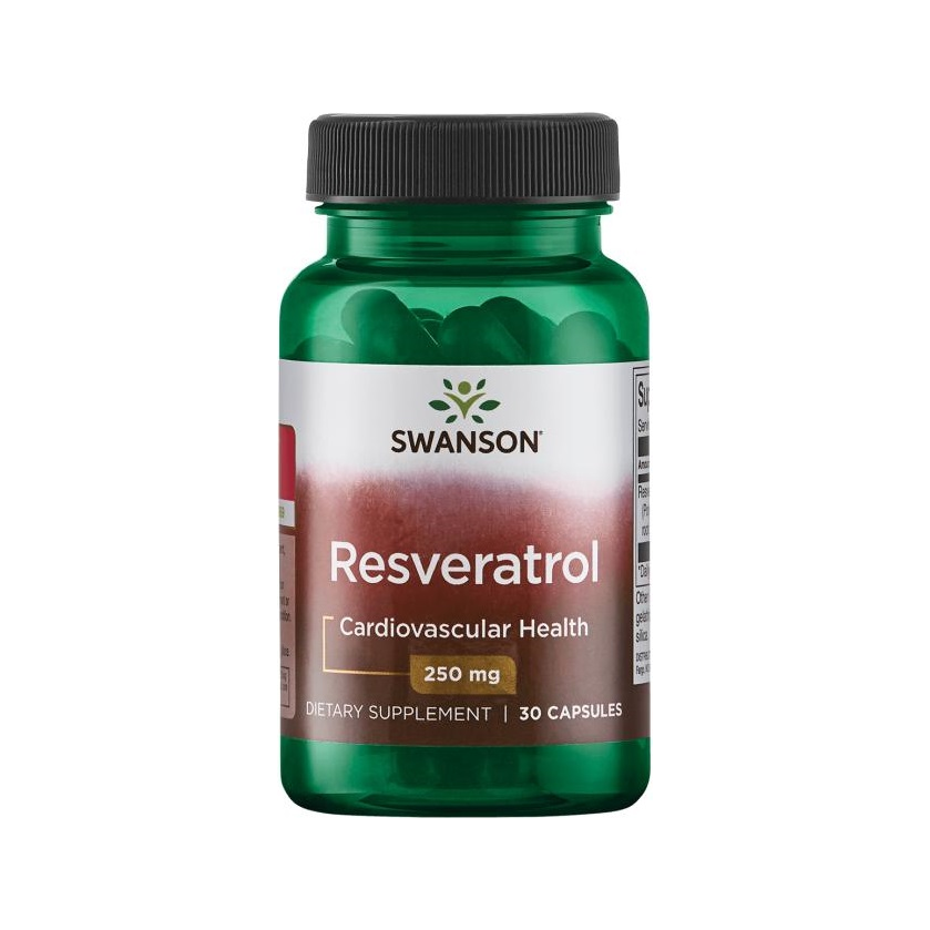 Resveratroltillskott i grön flaska med svart skruvlock och etikett, 250 mg