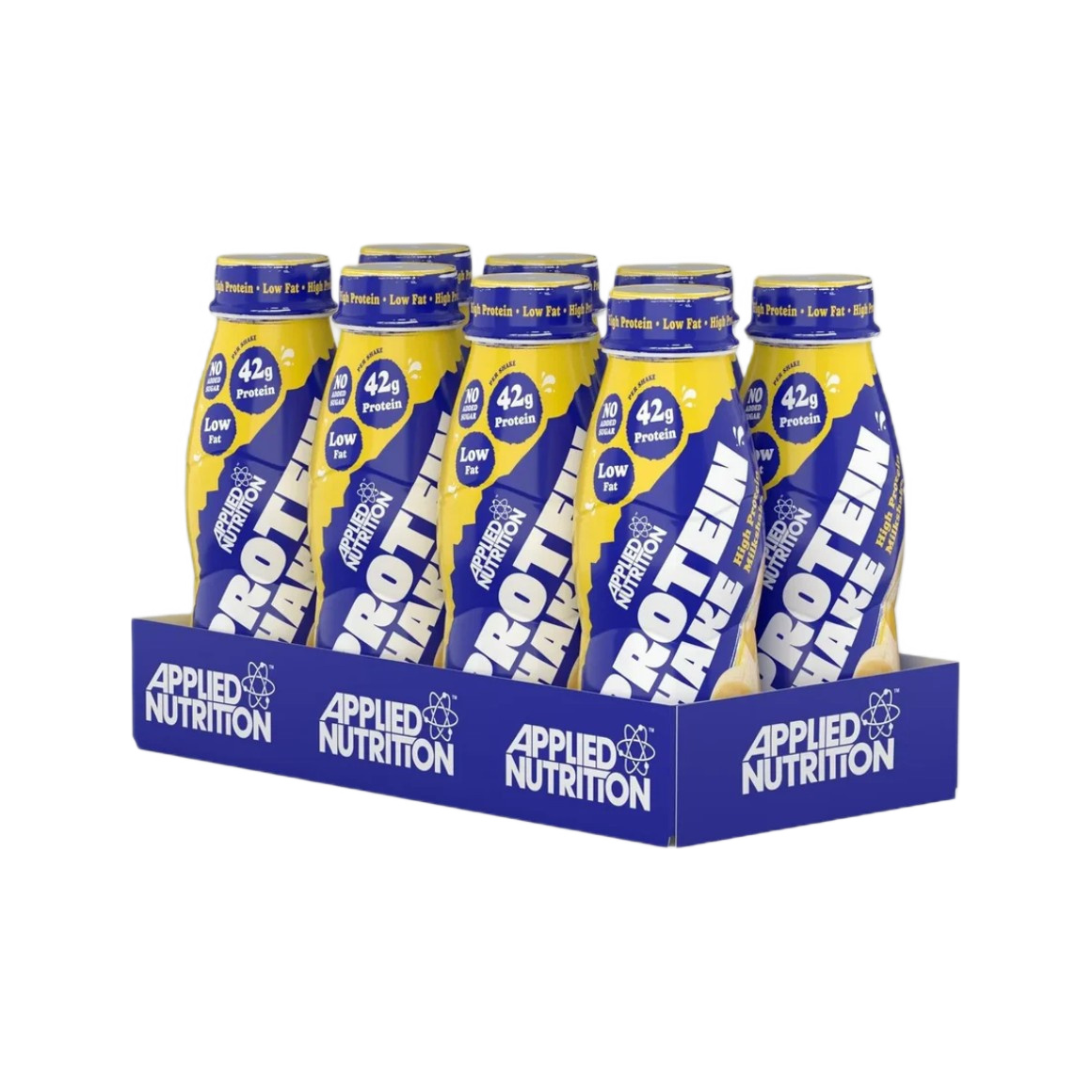 Applied Nutrition proteindryck, 8 x 500 ml, blå hållare med gula och blå flaskor