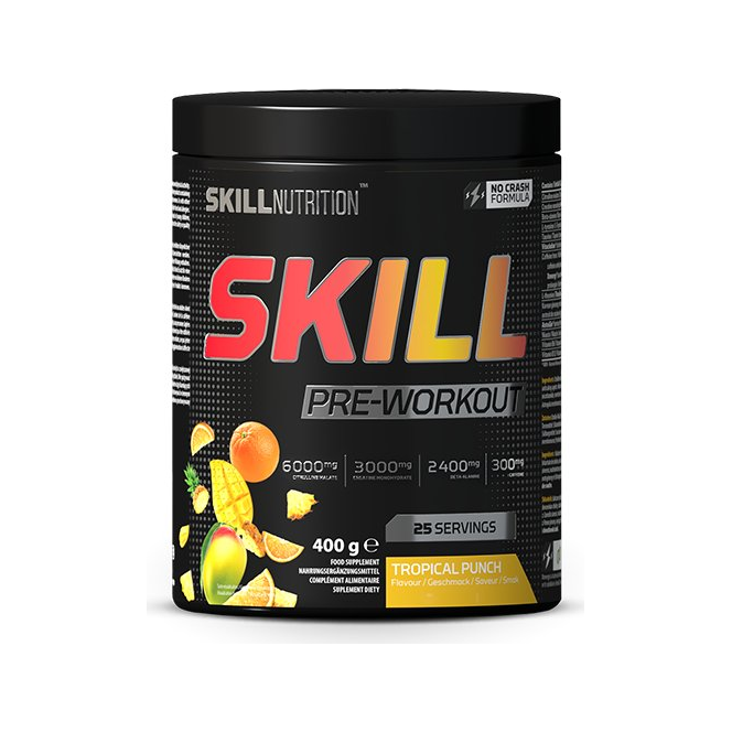 SKILL Pre-Workout-burk med tropisk punch, 400 g (25 portioner)