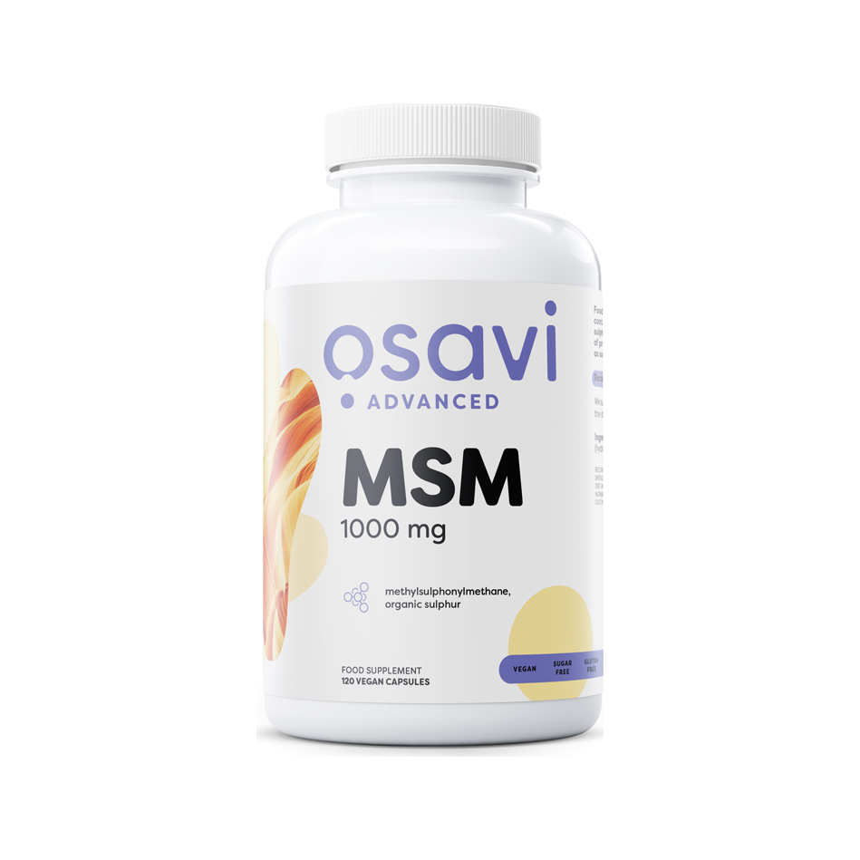 Osavi MSM 1000 mg-tillskott i vit burk med vit skruvkork