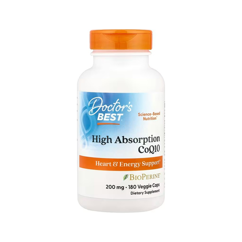 Doctor's Best CoQ10-kapslar i vit flaska med orange lock och BioPerine-etikett