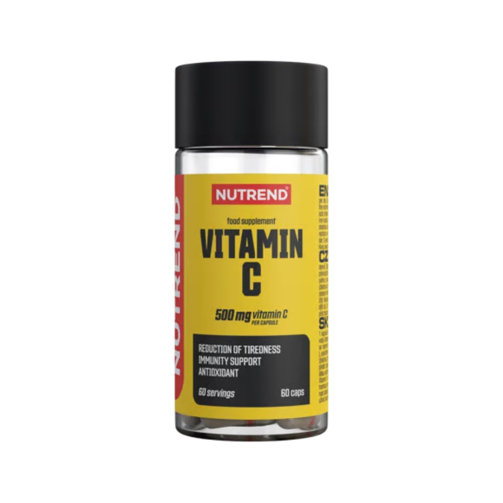 Nutrend Vitamin C 500 mg kapslar, gul etikett på svart kapselbeholder