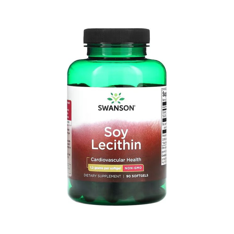 Swanson sojalecitin 1200 mg kapslar, burk med etikett och lock