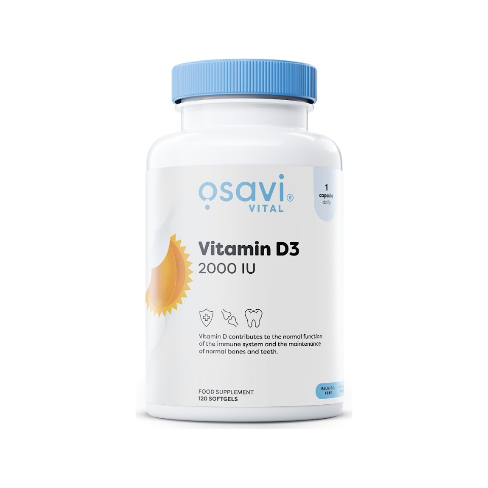 Osavi Vitamin D3 2000 IU kapslar i vit plastburk med blå lock