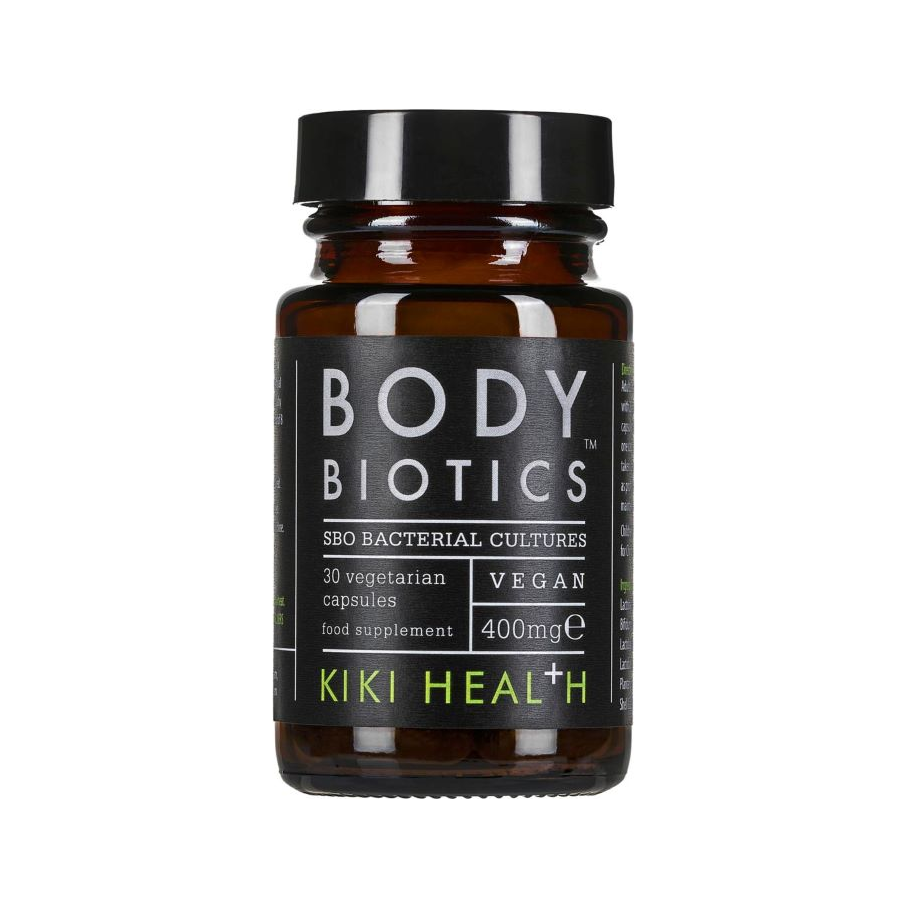 KIKI Health Body Biotics kapselburk i bärnstensfärgat glas med svart lock