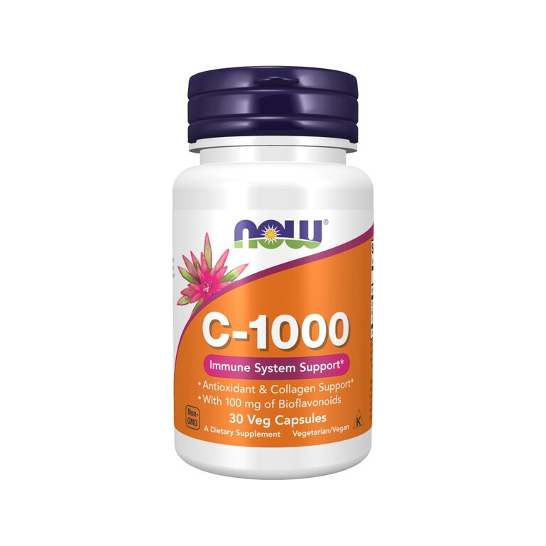 NOW Foods kapselburk C-1000 med mörkt lock och vit etikett, 30 vegikapslar