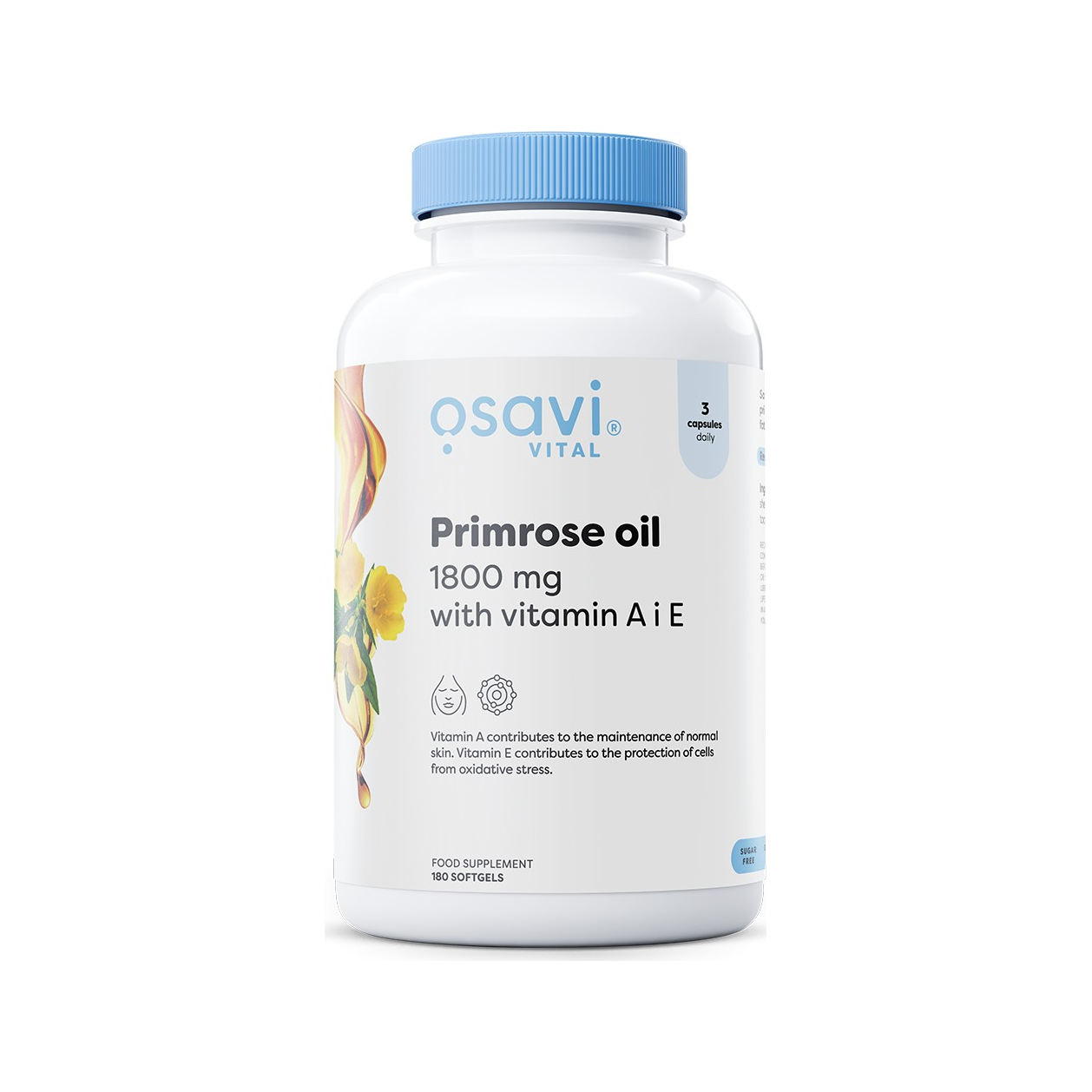 Tillskottburk med primrosolja 1800 mg och vitamin A & E, blått lock