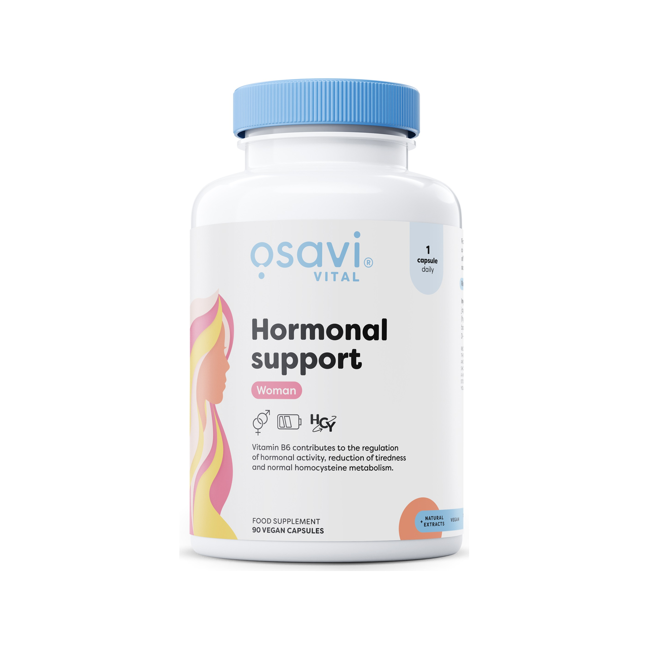 Osavi Vital hormonellt stöd-kapslar i vit burk med blått lock.