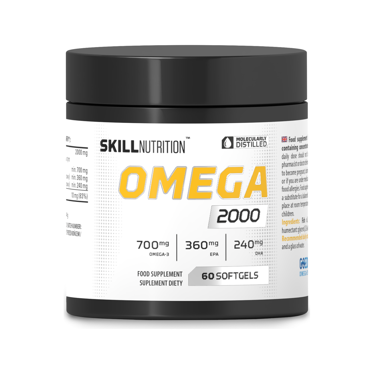 Omega 2000 kosttillskott i svart burk med gulgrönt text och kapselmängd 60