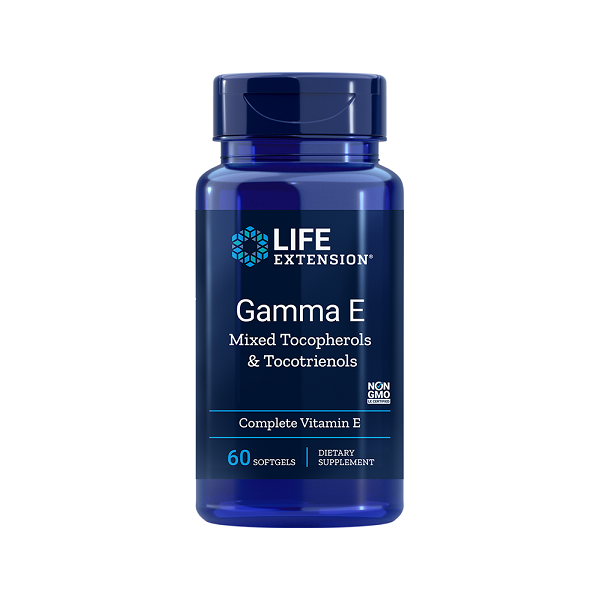 Life Extension Gamma E kapseltillskott i mörkblå burk med 60 softgels