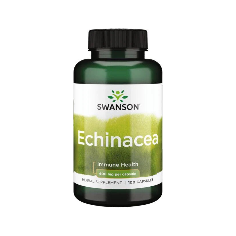 Swanson Echinacea kosttillskott i kapslar, flaska med svart lock och grön etikett