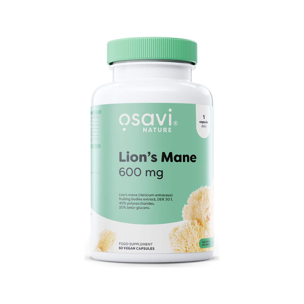 Osavi Lion's Mane 600 mg kapselburk med grön etikett, 60 vegan kapslar