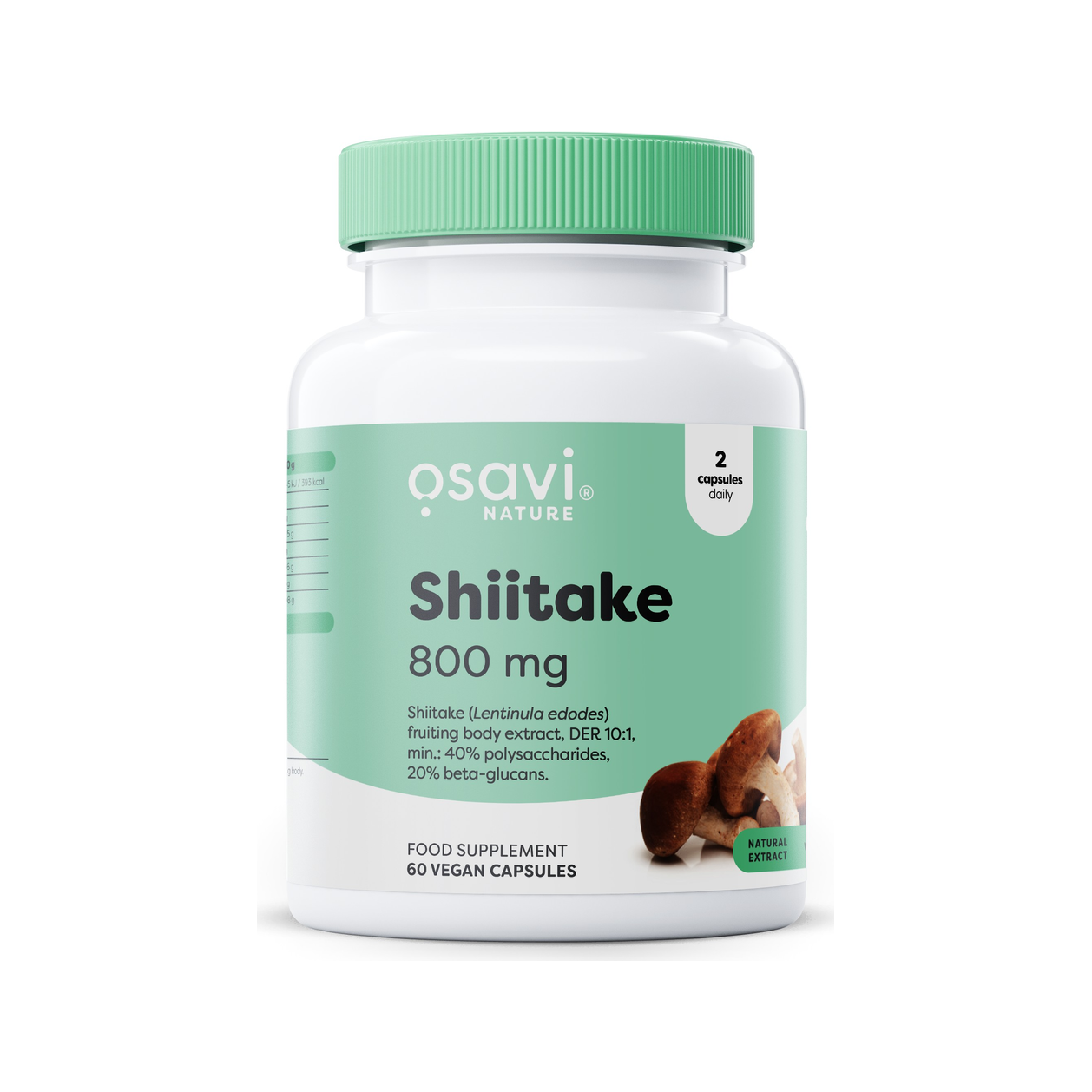 Osavi Shiitake 800 mg kosttillskott, kapselburk med grön etikett