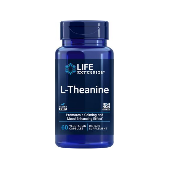 L-Theanine kosttillskott, 60 kapslar i flaska från Life Extension, blå
