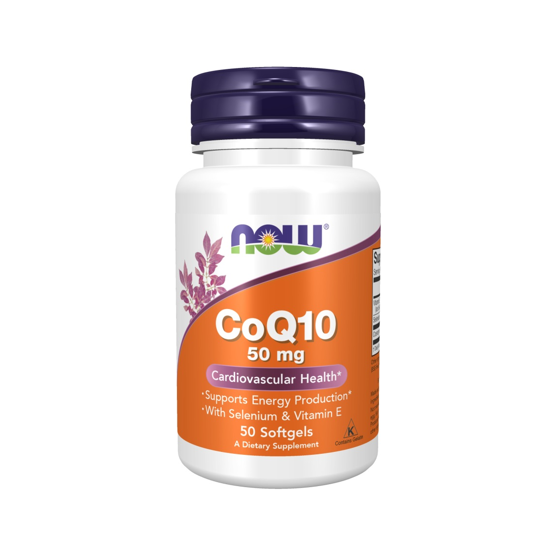 NOW CoQ10 50 mg mjukkapslar i vit burk med orange etikett