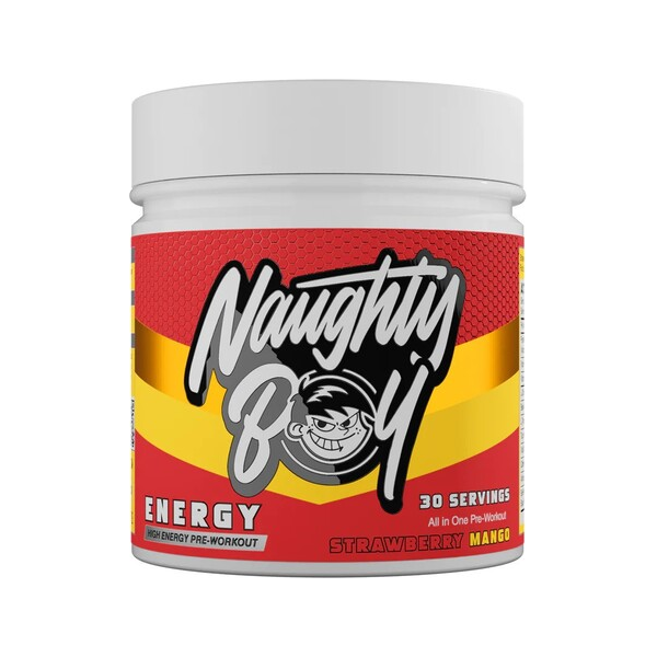 Energipreworkout i burk med röd-gul etikett, Strawberry Mango