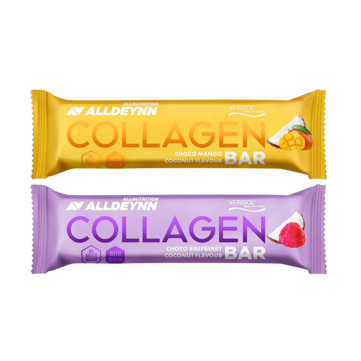 Kollagenbarer: choko-mango (gul) och choko-hallon (lila) med kokos, 24×40 g