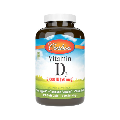 Vitamin D3-tillskott i brun flaska med Carlson-etikett och 360 kapslar