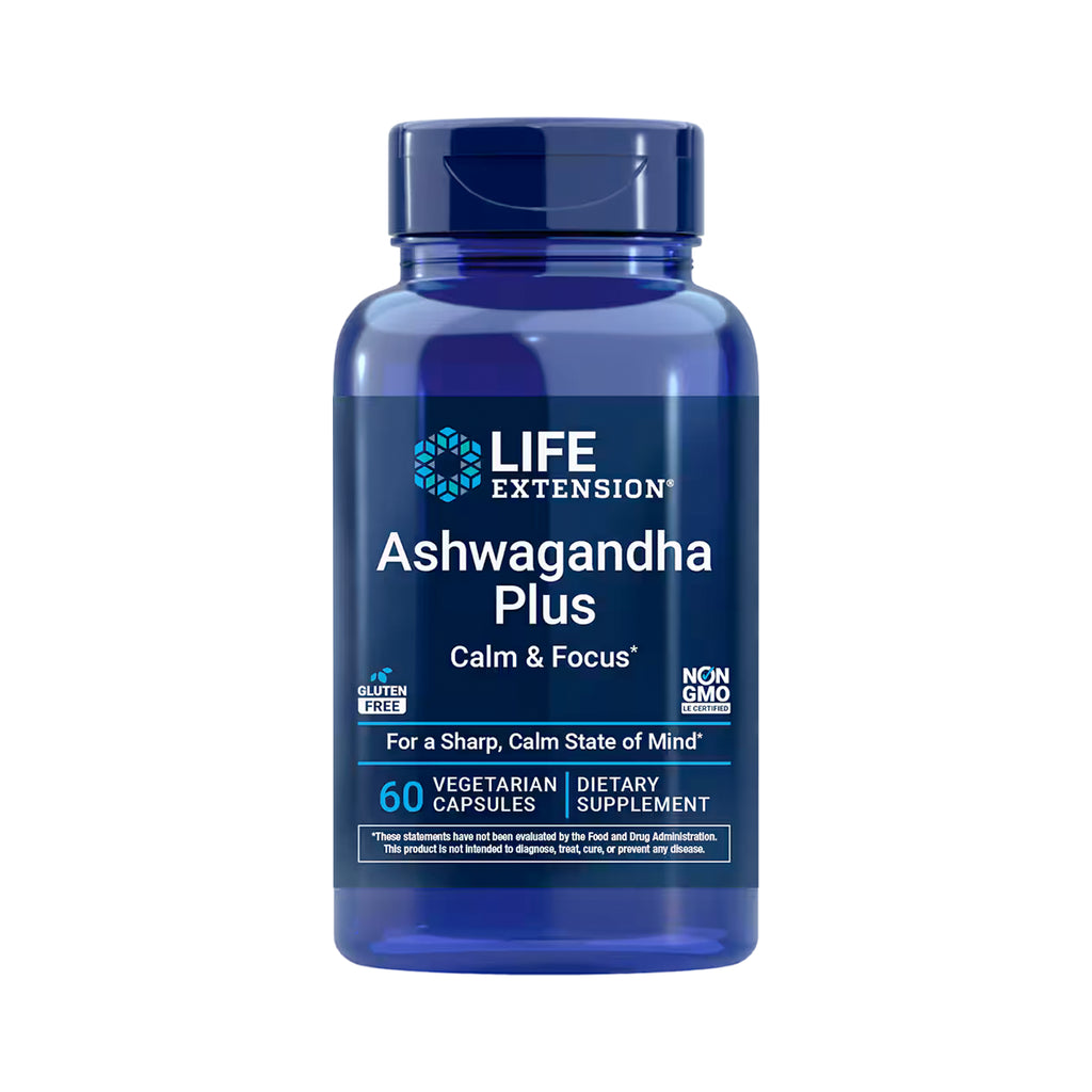 Life Extension Ashwagandha Plus Calm & Focus kapseltillskott, blå flaska, 60 kapslar